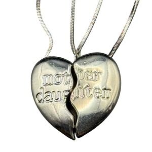 Mother Daughter Split Heart Necklace Set Silver Tone Snake Chain 2 Piece Gift